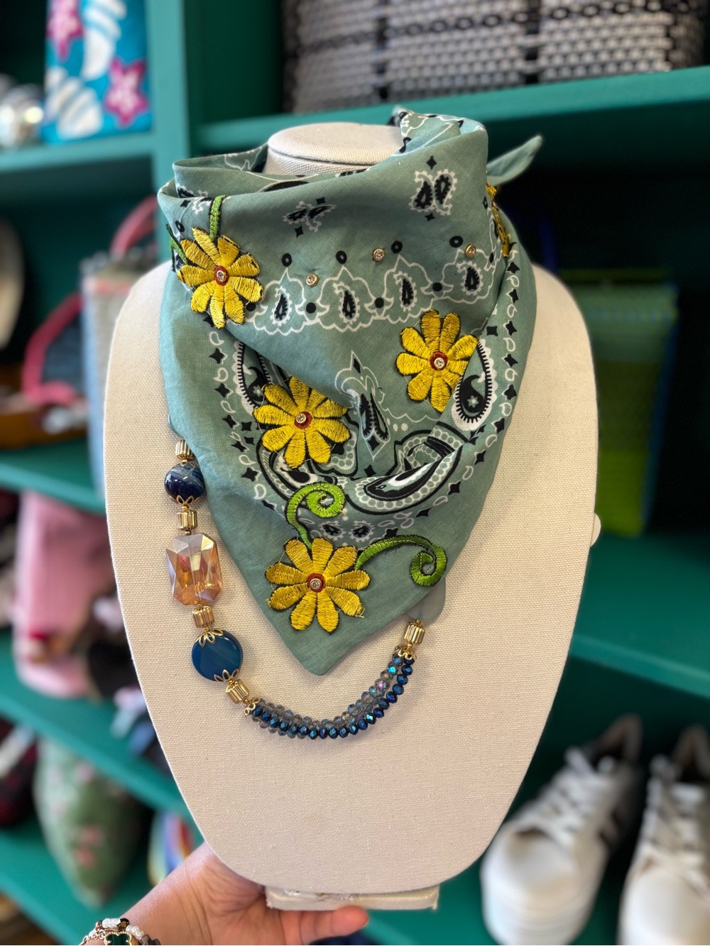 Embroidered Floral Bandana Scarf in Sage Green